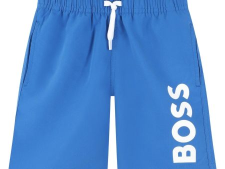 BOSS Kids Print Logo Royal Blue Swim Shorts For Cheap