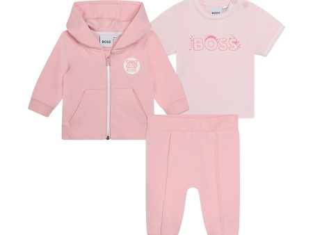 BOSS Baby Logo Print Pink Three-Piece Tracksuit Set For Sale